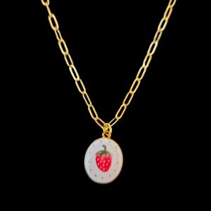 NWT - 18k Gold Red Strawberry Tile Pendant Necklace